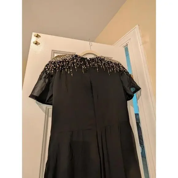 Ieena For Mac Duggal Beaded Sequin Embellished Shoulder Black Maxi Dress 12 NWOT - Picture 5 of 6